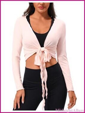 Womens Long Sleeve Tie Front Wrap Shrug Crop Cardigan Yoga Ballet Cover Up